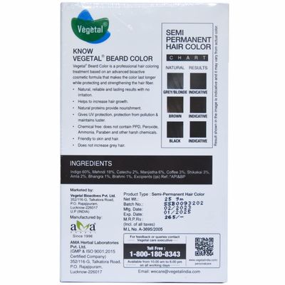 Vegetal Safe Color - Soft Black 25gm - Certified Organic Chemical and Allergy Free Bio Natural Beard Hair Color with No Ammonia Formula for Men