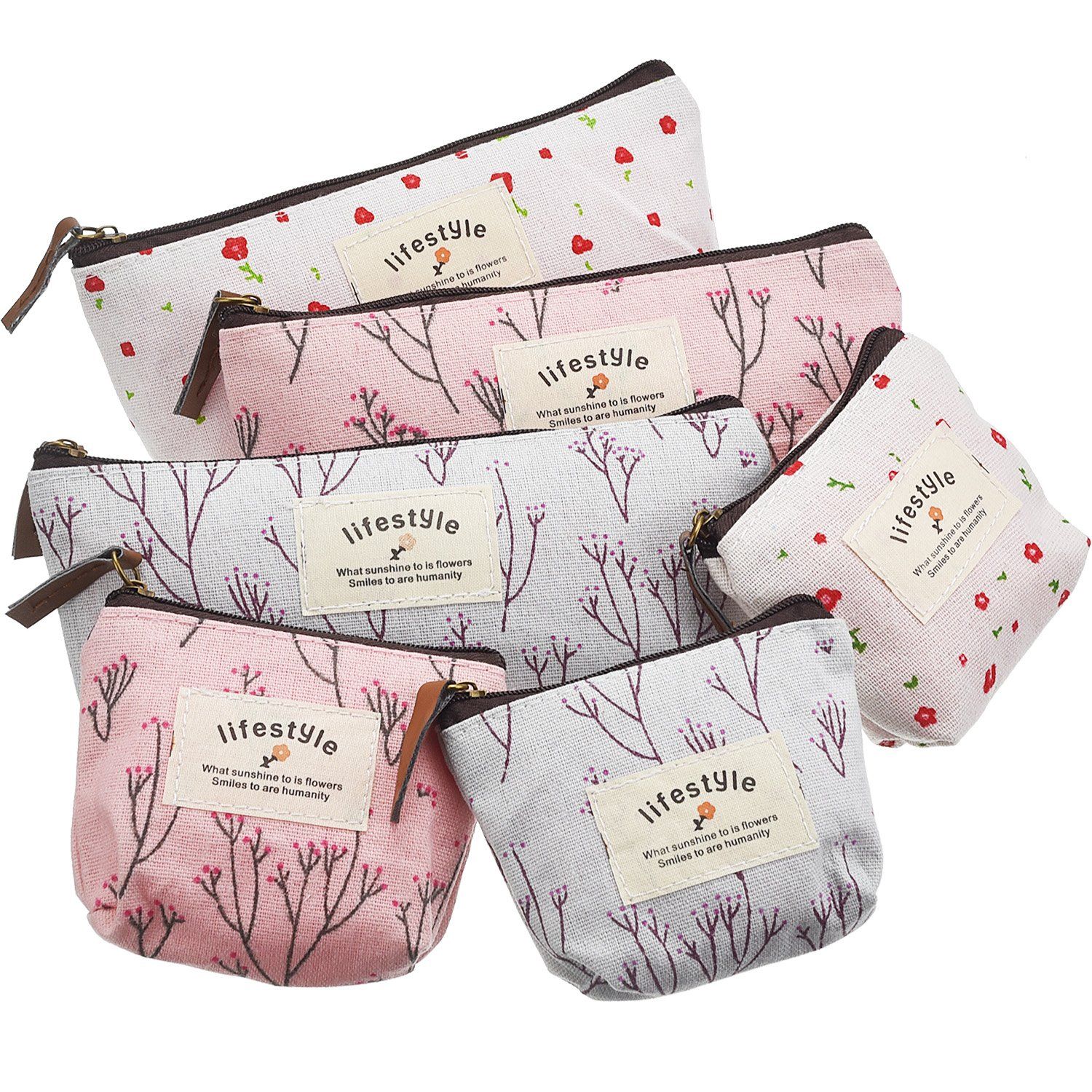 TecUnite Pack of 6 Pencil Case Countryside Flower Cosmetic Makeup Bag Cute Floral Canvas Zipper Pencil Pen Cases Multifunctional Fabric Cosmetic Makeup Bag Coin Bag