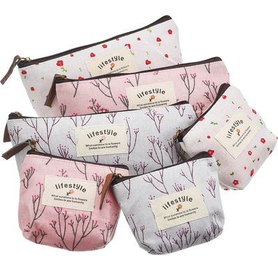 TecUnite Pack of 6 Pencil Case Countryside Flower Cosmetic Makeup Bag Cute Floral Canvas Zipper Pencil Pen Cases Multifunctional Fabric Cosmetic Makeup Bag Coin Bag
