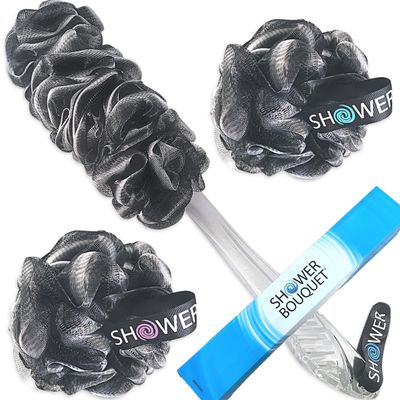 SHOWER BOUQUET Loofah-Charcoal Back-Scrubber &amp; Bath-Sponge Set // 1 Long-Handle-Back-Brush Plus 2 Extra Large 75g Soft Mesh Loofa-Lufa-Loufa Puff Poufs, Men &amp; Women - Exfoliate with Full Pure Cleanse