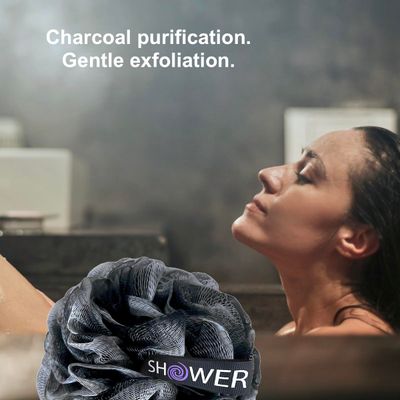 SHOWER BOUQUET Loofah-Charcoal Back-Scrubber &amp; Bath-Sponge Set // 1 Long-Handle-Back-Brush Plus 2 Extra Large 75g Soft Mesh Loofa-Lufa-Loufa Puff Poufs, Men &amp; Women - Exfoliate with Full Pure Cleanse