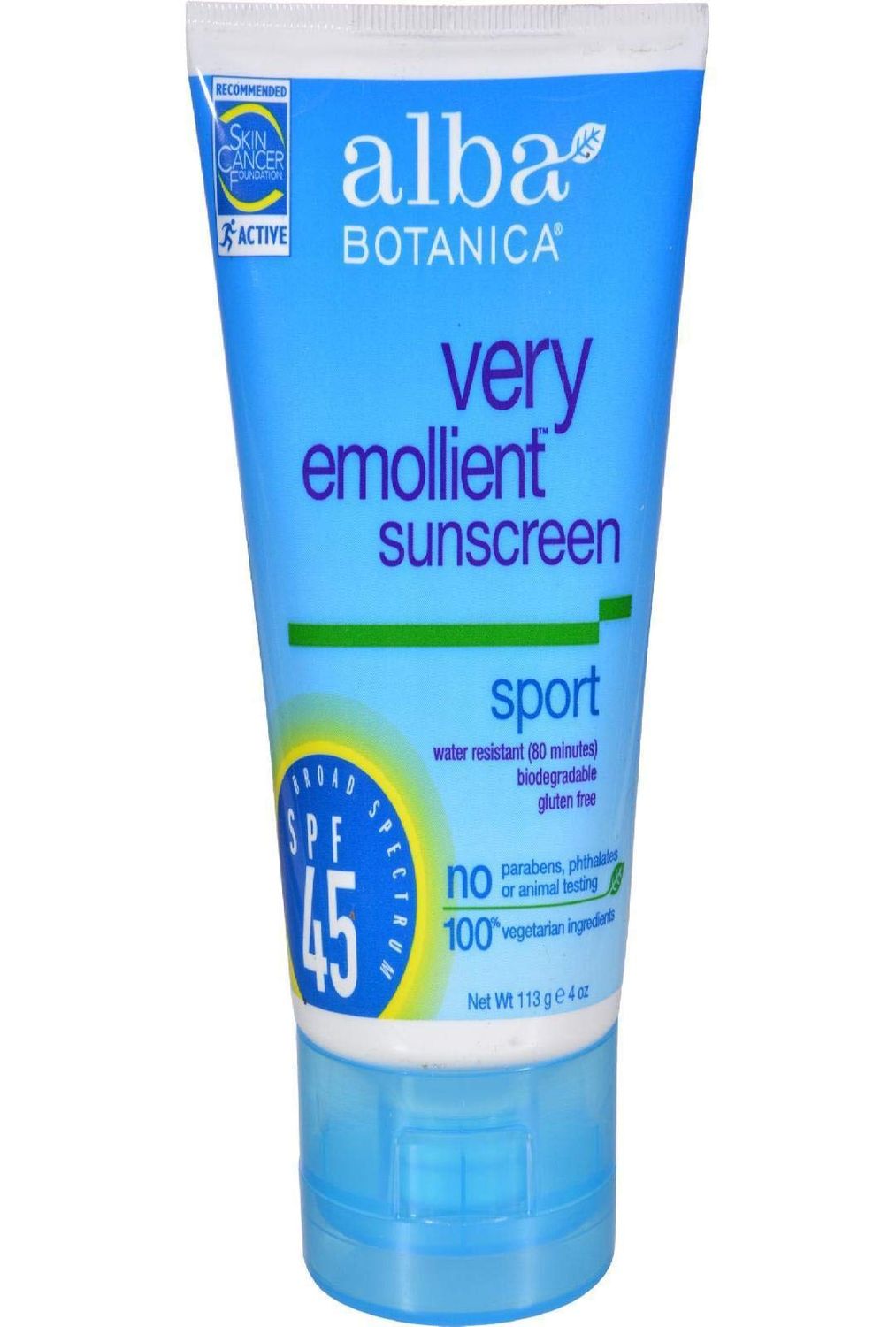 Alba Botanica Very Emollient, Sport Sunscreen SPF 45 4 oz (Pack of 3)