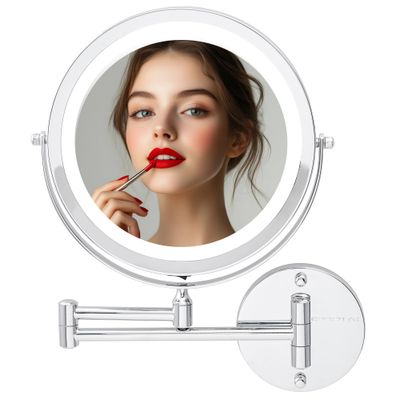 OVENTE 9&quot; Lighted Wall Mount Makeup Mirror with 1X/10X Magnification, Cordless Double Sided Magnifying Round Vanity Mirror, 360 Swivel Design, Extendable and Folding Arm, Polished Chrome MFW85CH1X10X
