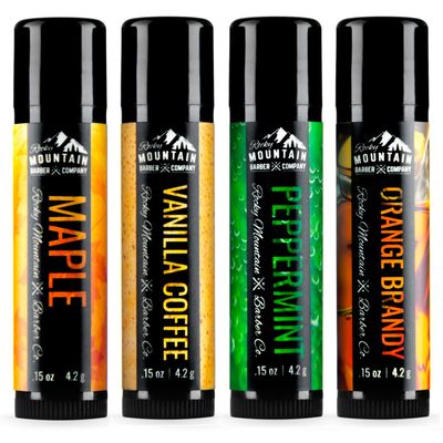 Lip Balm Set - 4 Scents - Maple, Vanilla Coffee, Peppermint, &amp; Orange Brandy - No Shine Matte Finish - Featuring Coconut Oil, Avocado Oil, Bees Wax, &amp; Shea Butter by Rocky Mountain Barber Company