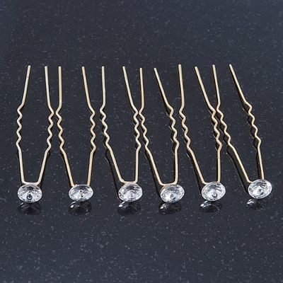 Bridal/ Wedding/ Prom/ Party Set Of 6 Gold Plated Crystal Bead Hair Pins