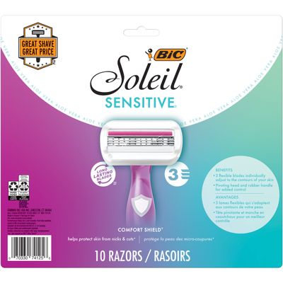 BIC Soleil Sensitive Women&#39;s Disposable Razors, 3 Blades With Moisture Strip For a Silky Smooth Shave for women, 10 Piece Razor Set