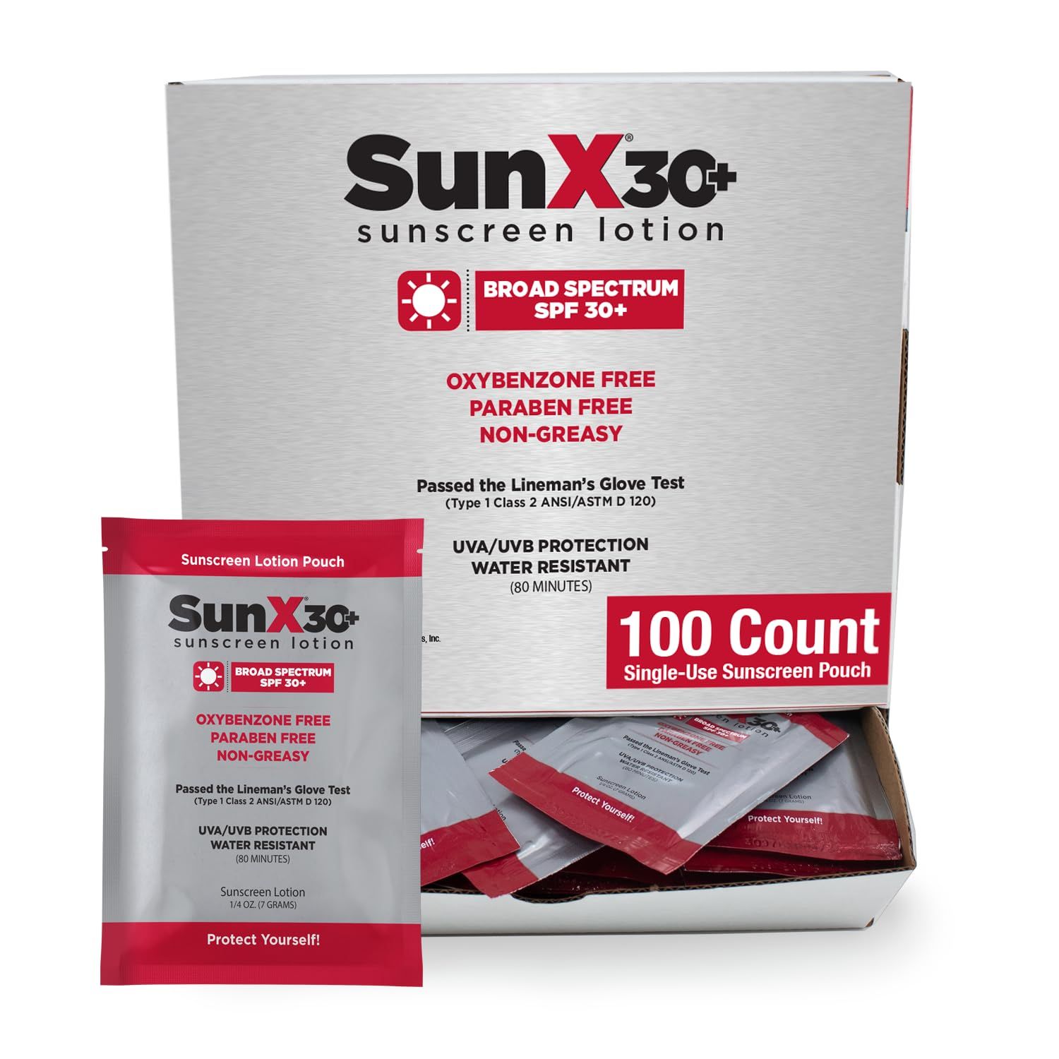 Sun X 30+ SPF Individual Sunscreen Packets Travel Size - Pack of 100 Paraben, Oxybenzone, &amp; White Cast Free Broad Spectrum SPF Sunscreen Packets - Water &amp; Sweat Resistant For Up To 80 Minutes