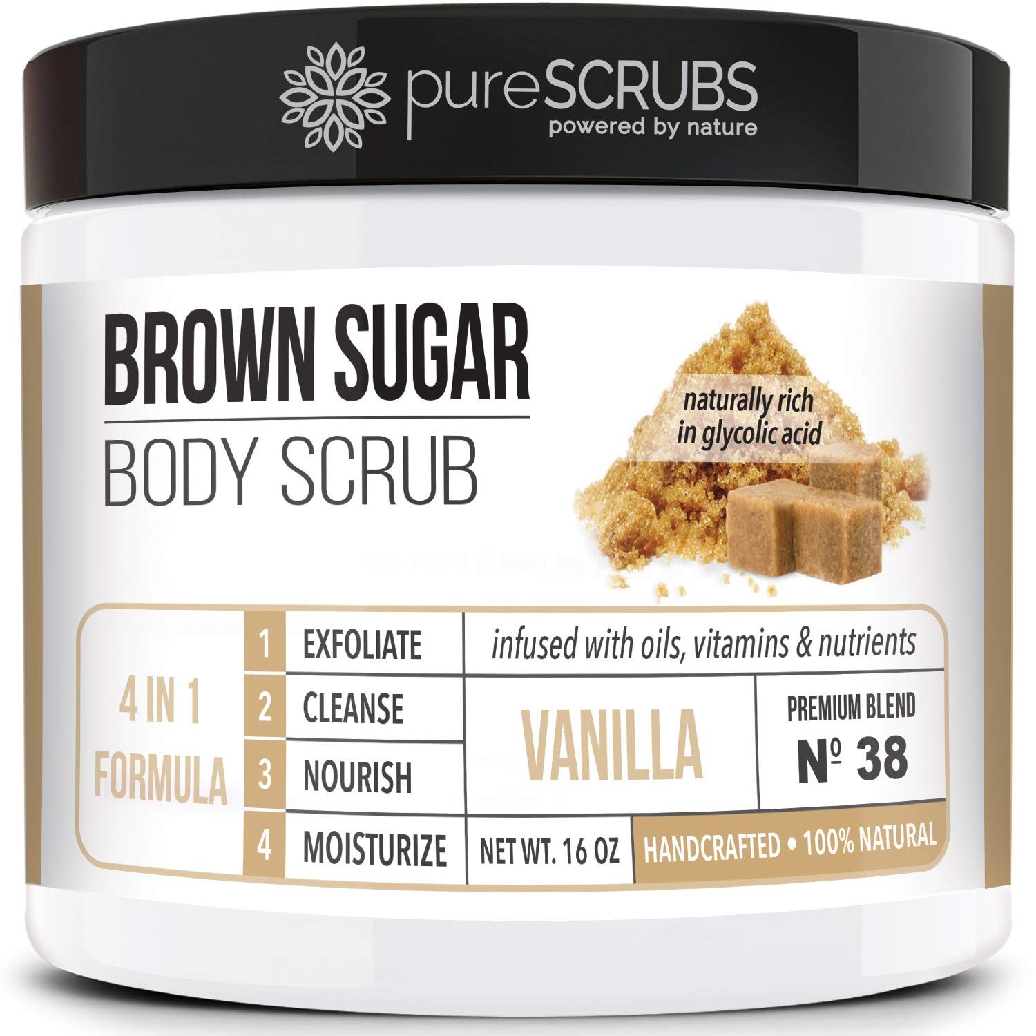 pureSCRUBS Premium Vanilla Brown Sugar Scrub | Face, Feet &amp; Full Body Scrub | Large 16oz Jar Includes Wooden Spoon, Loofah &amp; Mini Exfoliating Bar Soap