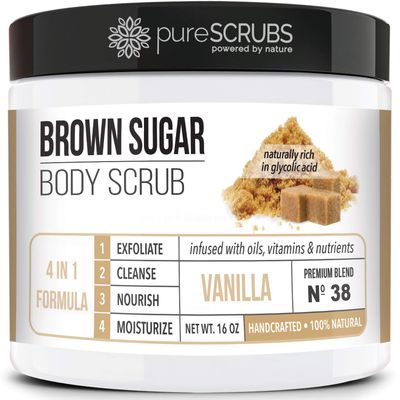 pureSCRUBS Premium Vanilla Brown Sugar Scrub | Face, Feet &amp; Full Body Scrub | Large 16oz Jar Includes Wooden Spoon, Loofah &amp; Mini Exfoliating Bar Soap