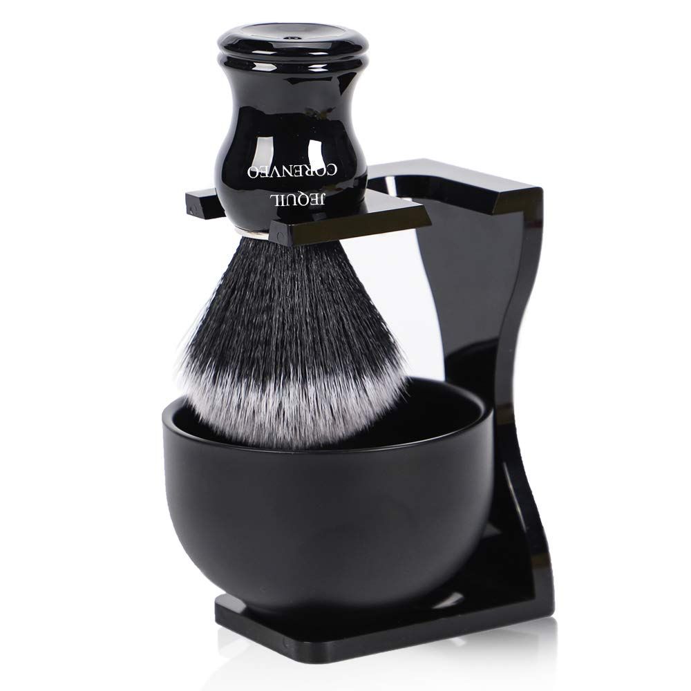 Je&amp;Co Men&#39;s Shaving Brush Set, 3 in 1 Synthetic Shaving Brush with Acrylic Stand and Steel Bowl
