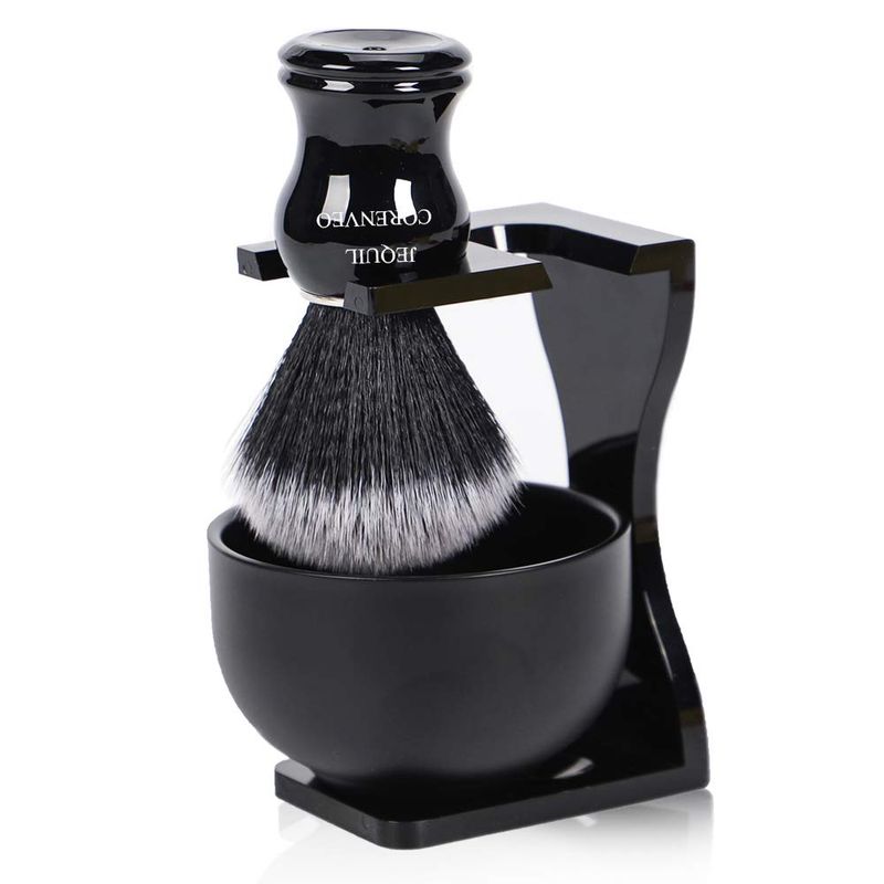 Je&amp;Co Men's Shaving Brush Set, 3 in 1 Synthetic Shaving Brush with Acrylic Stand and Steel Bowl