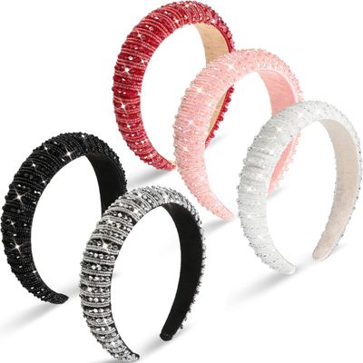 Syhood 5 Pcs Rhinestone Padded Headband Valentines Crystal Diamond Beaded Bling Glitter Headband Wide Edge Headwear Rhinestone Embellished Headpiece Gift Wedding Hair Accessory(Mixed Color)