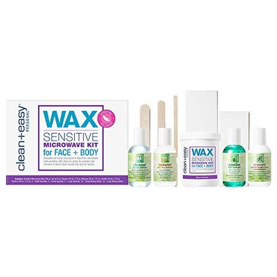 Clean + Easy Sensitive Microwave Kit for Face &amp; Body, All-in-One Waxing Essentials for Full Body Hair Removal Treatment, Soft Wax, Easy to Prepare, Convenient to Use, Safe for Delicate Skin, 10-Pc