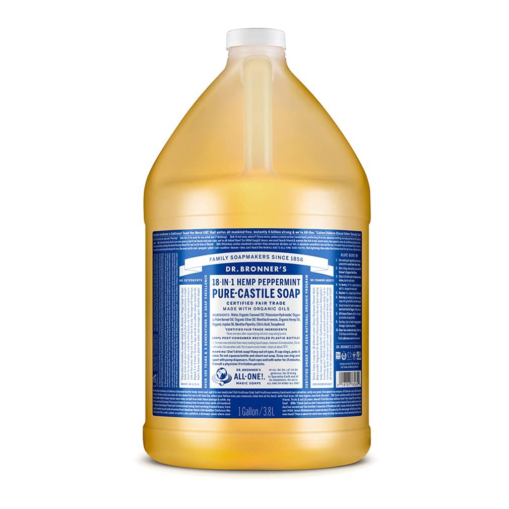 Dr. Bronner&#39;s - Pure-Castile Liquid Soap (Peppermint, 1 Gallon) - Made with Organic Oils, 18-in-1 Uses: Face, Body, Hair, Laundry, Pets and Dishes, Concentrated, Vegan, Non-GMO