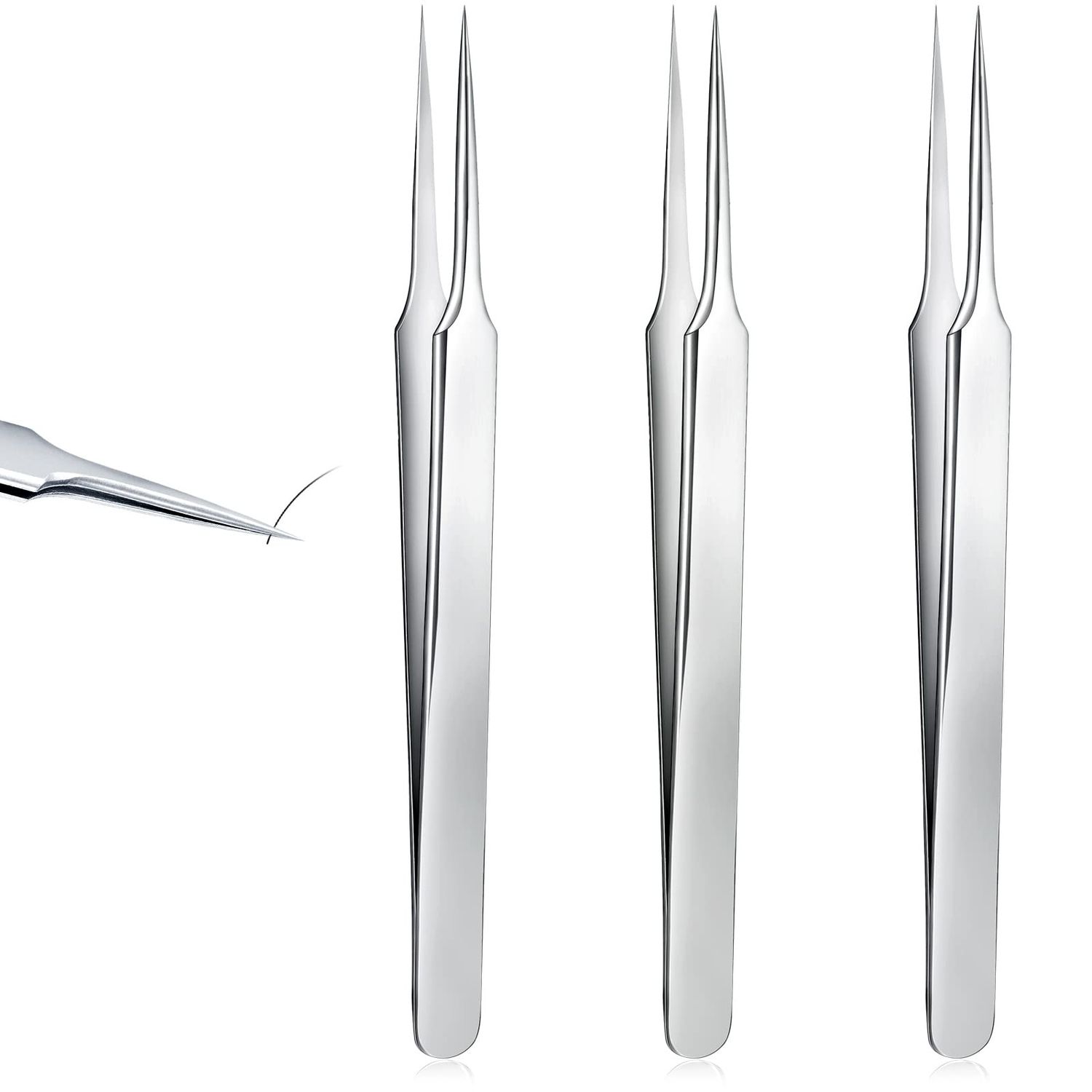 3 Pieces Ingrown Hair Tweezers Stainless Steel Splinter Tweezers Pointed Blackhead Remover Precision Eyebrow Tweezers for Facial Hair, Ingrown Hair, Splinter and Blackhead Remover (Silver)