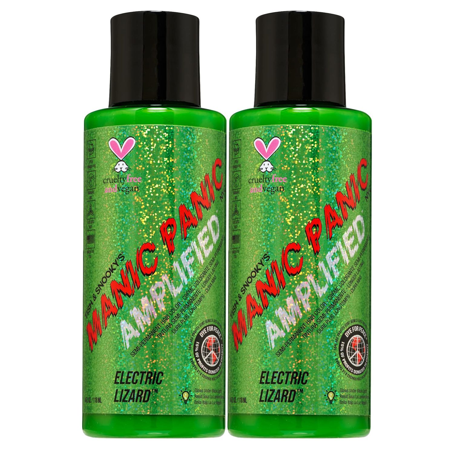 MANIC PANIC Electric Lizard Hair Color - Amplified - (2PK) Semi Permanent Hair Dye - Bright Neon Green Hair Color - Glows In Blacklight - Vegan, PPD &amp; Ammonia-free For Coloring Hair for Men &amp; Women