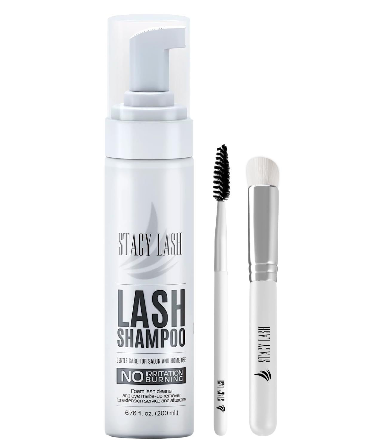 STACY LASH 6.76 fl.oz / 200ml Eyelash Extension Shampoo + Brush/Eyelid Foaming Cleanser/Wash for Extensions &amp; Natural Lashes/Safe Makeup Remover/Supplies for Professional &amp; Home Use