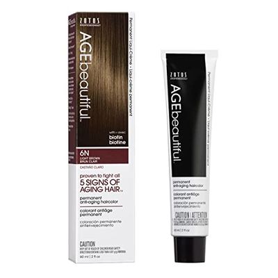AGE beautiful Permanent Hair Color Dye Liqui Creme | 100% Gray Coverage | Anti-Aging Haircolor | Biotin for Thicker, Fuller Hair | Professional Salon Coloring | 6N Light Brown