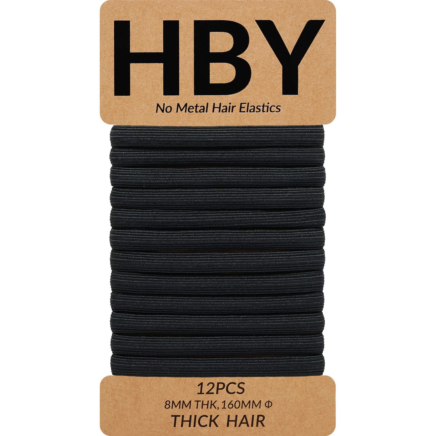 HBY Women&#39;s Hair Ties for Thick or Curly Hair. No Slip Seamless Ponytail Holders Sports Thick Hair Ties, Black, 8MM, 12 Pcs