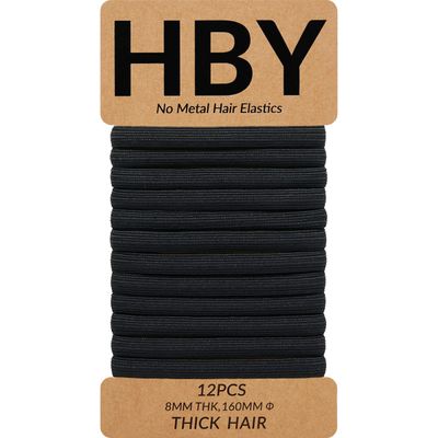 HBY Women&#39;s Hair Ties for Thick or Curly Hair. No Slip Seamless Ponytail Holders Sports Thick Hair Ties, Black, 8MM, 12 Pcs
