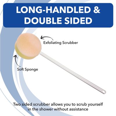 Sammons Preston Long Scrub Sponges, 22.5" Long Handled Washer &amp; Scrubber Tool with Polyfoam Round Sponge &amp; Loofah On One Side, Bath &amp; Shower Cleaning Aid, Extended Reacher for Limited Range of Motion