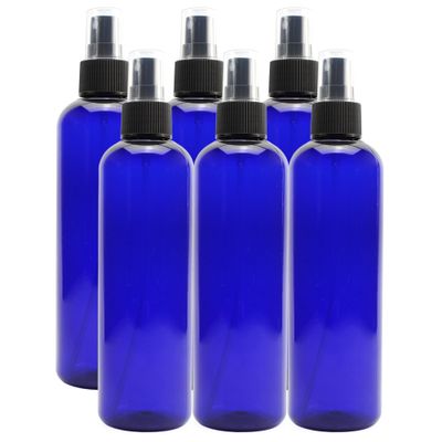Cornucopia Brands 8oz Cobalt Blue Plastic PET Spray Bottles w/Fine Mist Atomizers (6-pack); for DIY Home Cleaning, Aromatherapy, &amp; Beauty Care