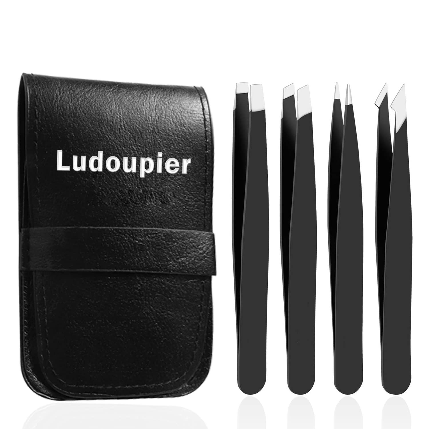LUDOUPIER [4+1 Pieces] Tweezers Set with Travel Case, Great Precision Upgrade Professional Anti-rust Alloy Tweezers for Women &amp; Men, Multi-purpose as Eyebrows Facial Hair Ingrown Hair Removal