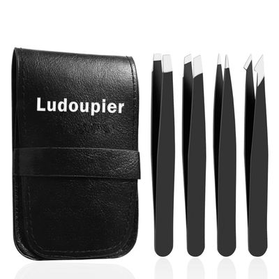 LUDOUPIER [4+1 Pieces] Tweezers Set with Travel Case, Great Precision Upgrade Professional Anti-rust Alloy Tweezers for Women &amp; Men, Multi-purpose as Eyebrows Facial Hair Ingrown Hair Removal