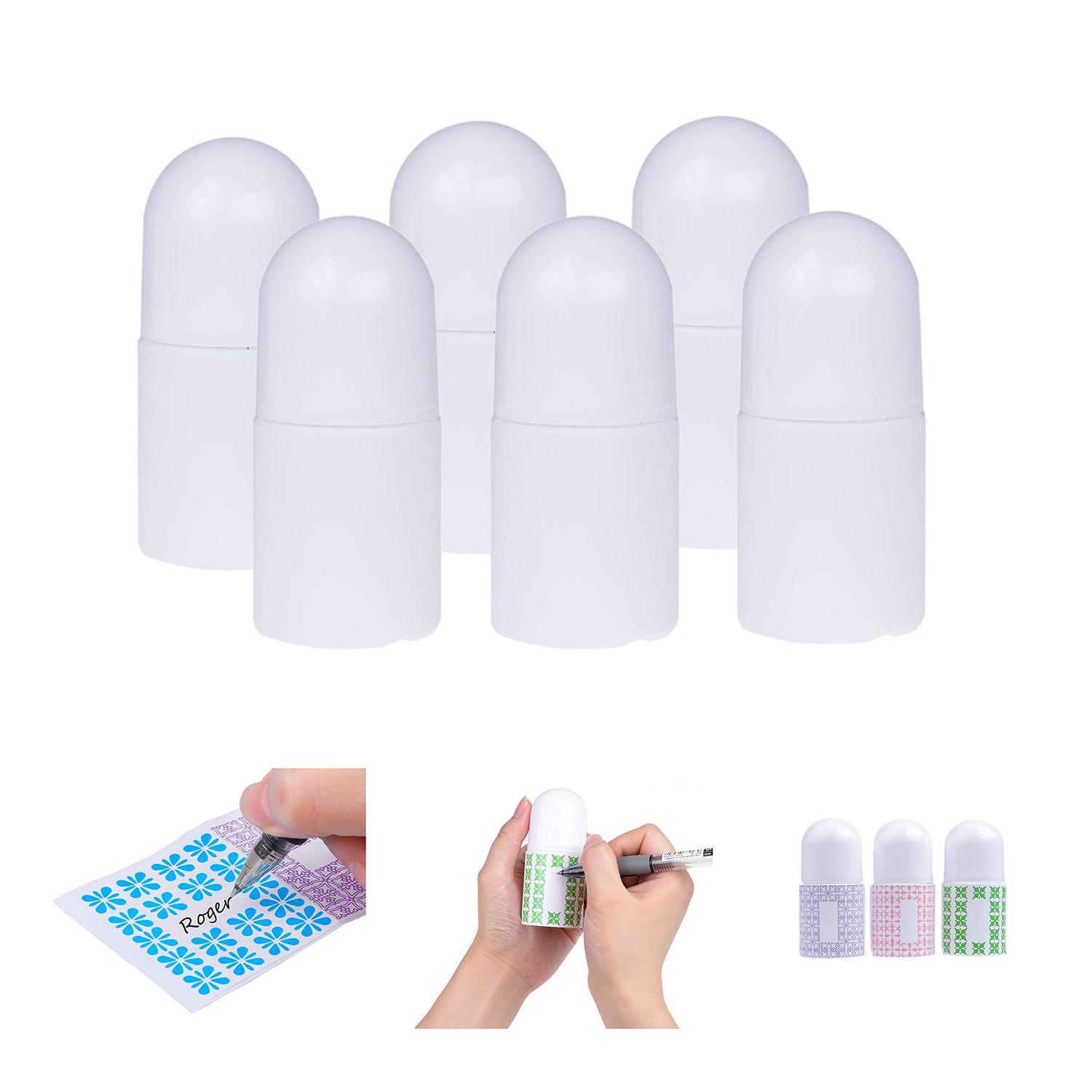 Kare &amp; Kind Refillable Roll-On Deodorant Bottles (6-Pack) - Empty - 1 Oz (30 ml) - 20 Writable Stickers - Twist Cap - For Homemade Natural Deodorant, Sunscreen, Moisturizer, etc.