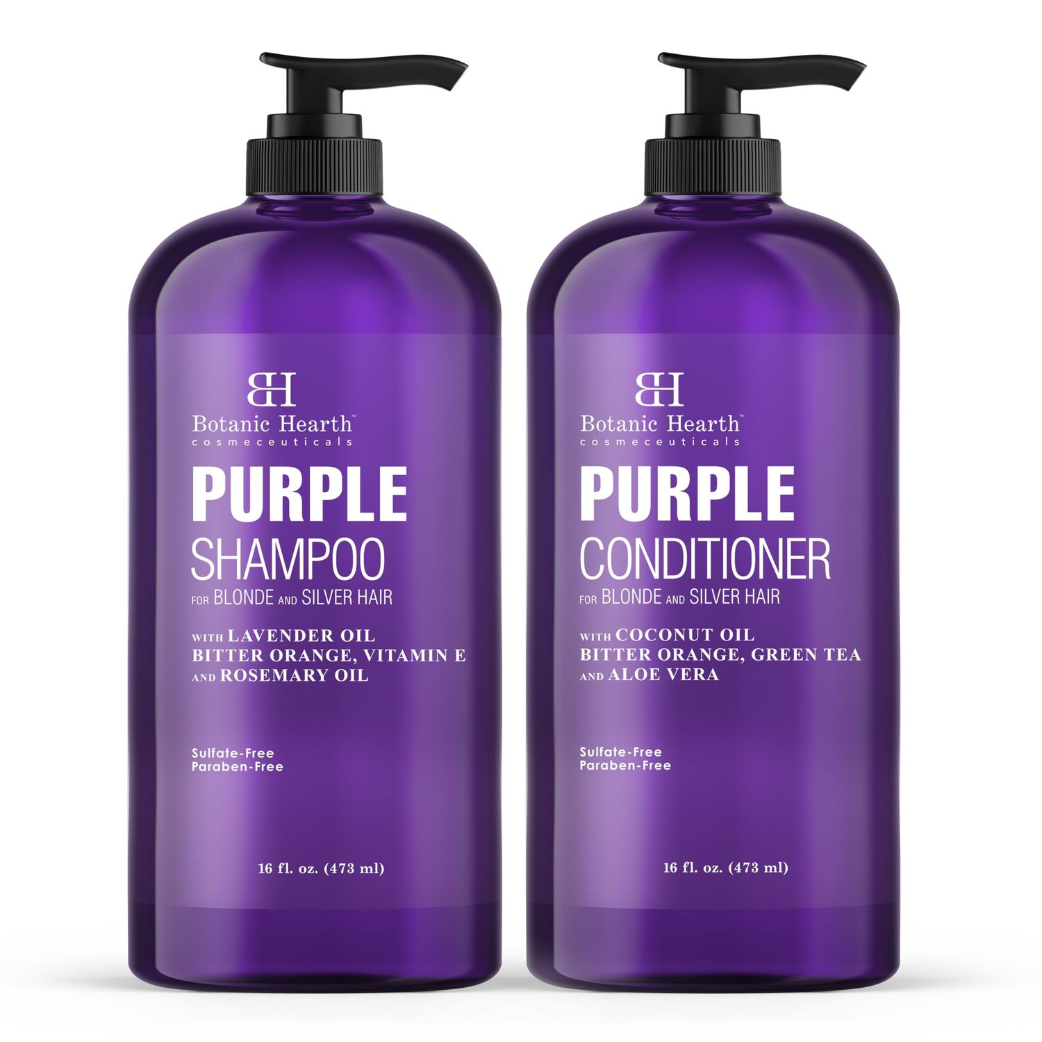 BOTANIC HEARTH Purple Shampoo and Conditioner Set - for All Shades of Blonde, Silver and Gray Hair - Enhances Highlights - Sulfate Free, Paraben Free, 16 fl oz each