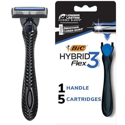 BIC Flex 3 Hybrid Disposable Razors for Men, Long-lasting 3-Blade Razors With Slim Head for Precision Shaving, 1 Handle and 5 Cartridges, 6 Piece Shaving Kit