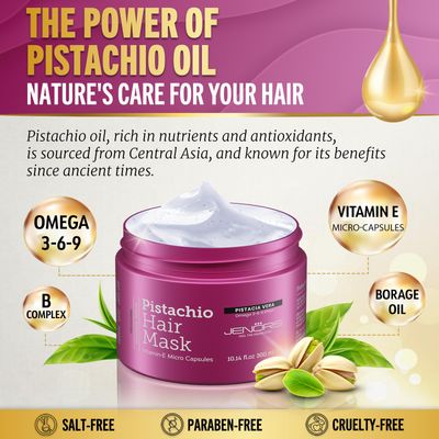 Jenoris Pistachio Hair Mask for Dry Damaged Hair - Deep Conditioning Hair Mask Treatment with Pistachio Oil &amp; Vitamin E, For Color-Treated Hair, For Hair Repair, Paraben &amp; Salt Free, 10.14 Fl Oz