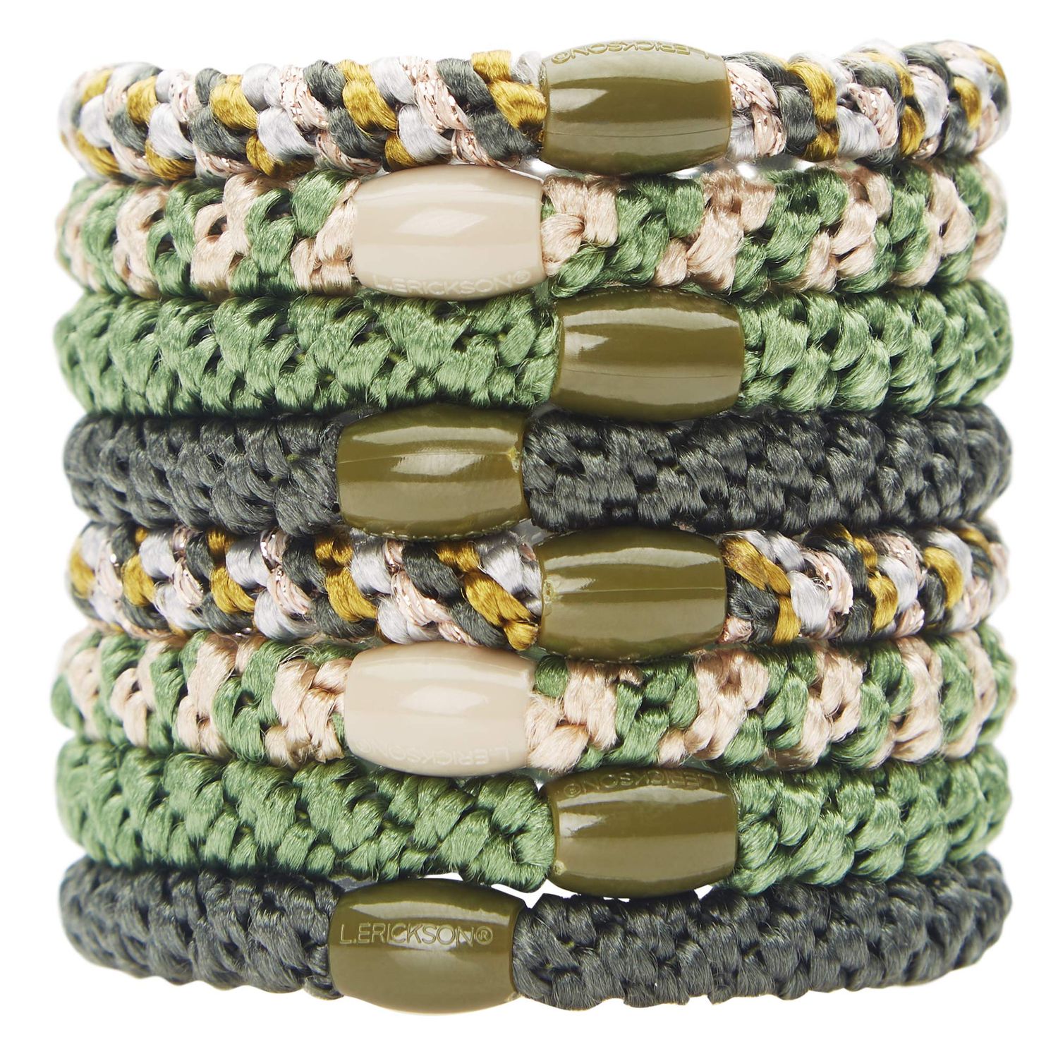 L. Erickson Grab &amp; Go Pony - Cadet - 8 Pack Ponytail Holder Hair Ties - Green Camo Mix