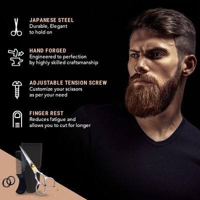 Ontaki Premium Hand-Forged Mustache &amp; Beard Scissors 5.5" - Japanese Steel Barber Scissors - Bangs &amp; Grooming Shears - Rest Hook Silver - Hair Shears - Beard Sheers