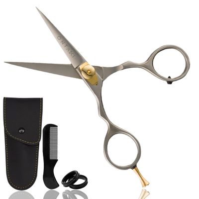 Ontaki Premium Hand-Forged Mustache &amp; Beard Scissors 5.5&quot; - Japanese Steel Barber Scissors - Bangs &amp; Grooming Shears - Rest Hook Silver - Hair Shears - Beard Sheers