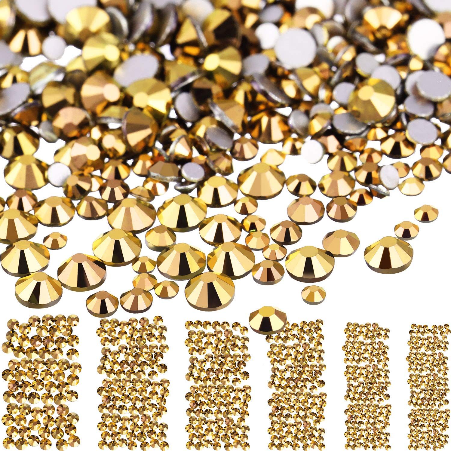 3456 Pcs Crystals Diamond Rhinestones AB Clear Flat Back Round Gems Flatback Glass Crystals Mixed Size Crystals Gems for Crafts Nail Clothes Shoes Makeup Bags Decor, 6 Sizes (Mine Gold)