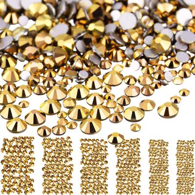 3456 Pcs Crystals Diamond Rhinestones AB Clear Flat Back Round Gems Flatback Glass Crystals Mixed Size Crystals Gems for Crafts Nail Clothes Shoes Makeup Bags Decor, 6 Sizes (Mine Gold)