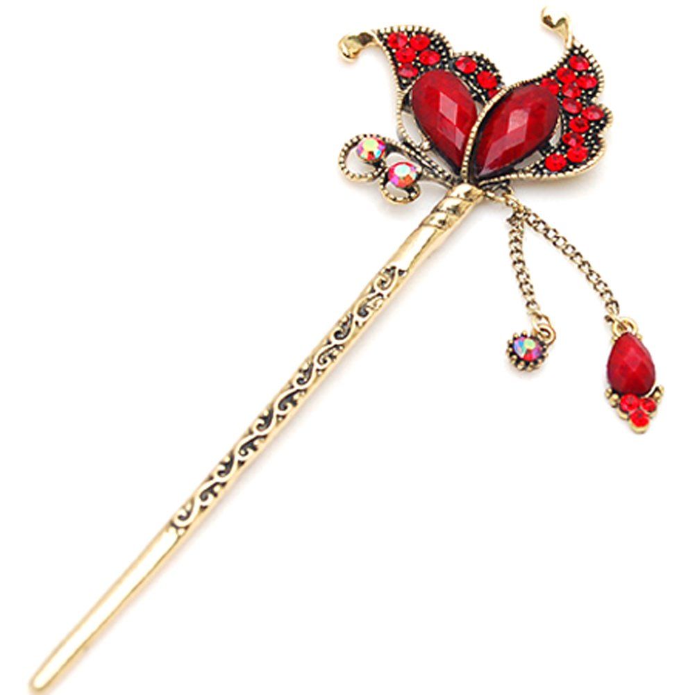 YOY Fashion Long Hair Decor Chinese Traditional Style Women Girls Hair Stick Hairpin Hair Making Accessory with Butterfly,Red