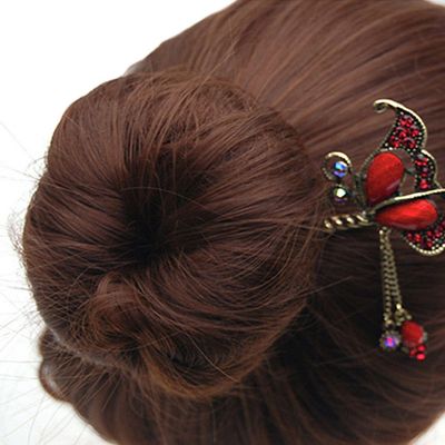 YOY Fashion Long Hair Decor Chinese Traditional Style Women Girls Hair Stick Hairpin Hair Making Accessory with Butterfly,Red