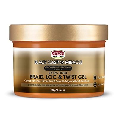 African Pride Black Castor Miracle Extra Hold Braid, Loc, Twist Gel, Tames Frizz &amp; Edges, No Parabens, Sulfates, Mineral Oil or Petrolatum, Contains Black Castor &amp; Coconut Oil