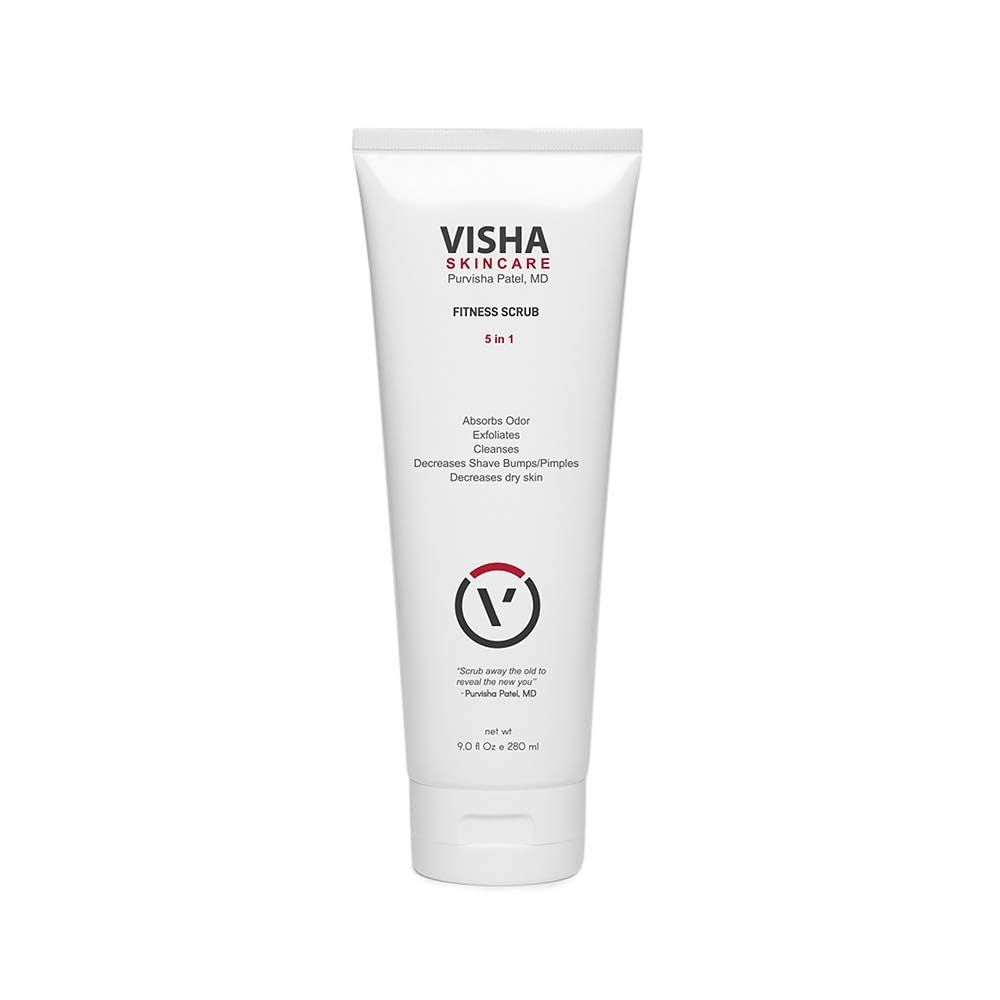 Visha Skincare Fitness Scrub 5 in 1 Body Exfoliator Infused with Caffeine, Absorbs Odor, Cleanses and Decreases Shave Bumps and Pimples, Refreshes and Hydrates for Silky Smooth Skin 9oz