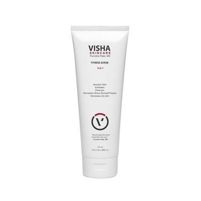 Visha Skincare Fitness Scrub 5 in 1 Body Exfoliator Infused with Caffeine, Absorbs Odor, Cleanses and Decreases Shave Bumps and Pimples, Refreshes and Hydrates for Silky Smooth Skin 9oz