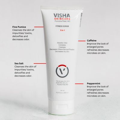Visha Skincare Fitness Scrub 5 in 1 Body Exfoliator Infused with Caffeine, Absorbs Odor, Cleanses and Decreases Shave Bumps and Pimples, Refreshes and Hydrates for Silky Smooth Skin 9oz