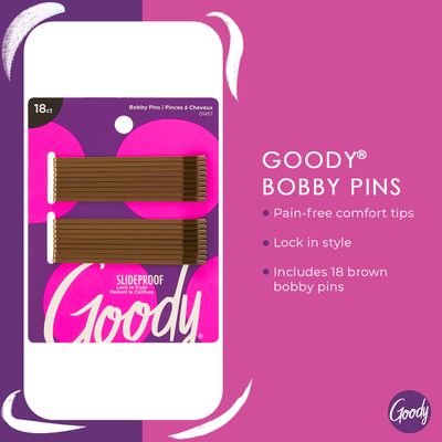 Goody Styling Hair Bobby Pins - 18 Count, Brown - Slideproof and Lock-In Place - Suitable for All Hair Types - Pain-Free Hair Accessories for Women and Girls - All Day Comfort
