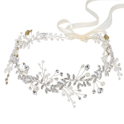 SWEETV Crystal Bridal Headpieces for Brides Silver Wedding Hair Accessories Bride Headband Pearl Hair Vine Rhinestone Hair Pieces for Women