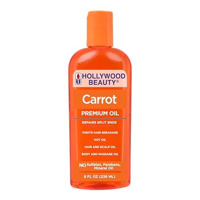 Hollywood Beauty Carrot Hair Oil, 8oz Bottle, Hair, Scalp, Skin, Nail, &amp; Massage Oil, Helps Repair Damaged Hair &amp; Skin, Can be Used as a Hot Oil Treatment