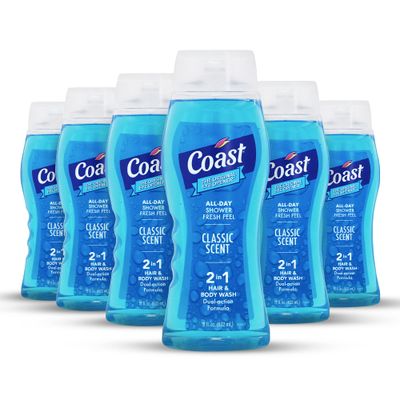 Coast 2-in-1 Hair and Body Wash, Classic Scent - Men&#39;s Body Wash, Shampoo &amp; Conditioner - 6 Pack x 18 Fl Oz - Moisturizing &amp; Refreshing Rich Lather for Energized And Clean Skin