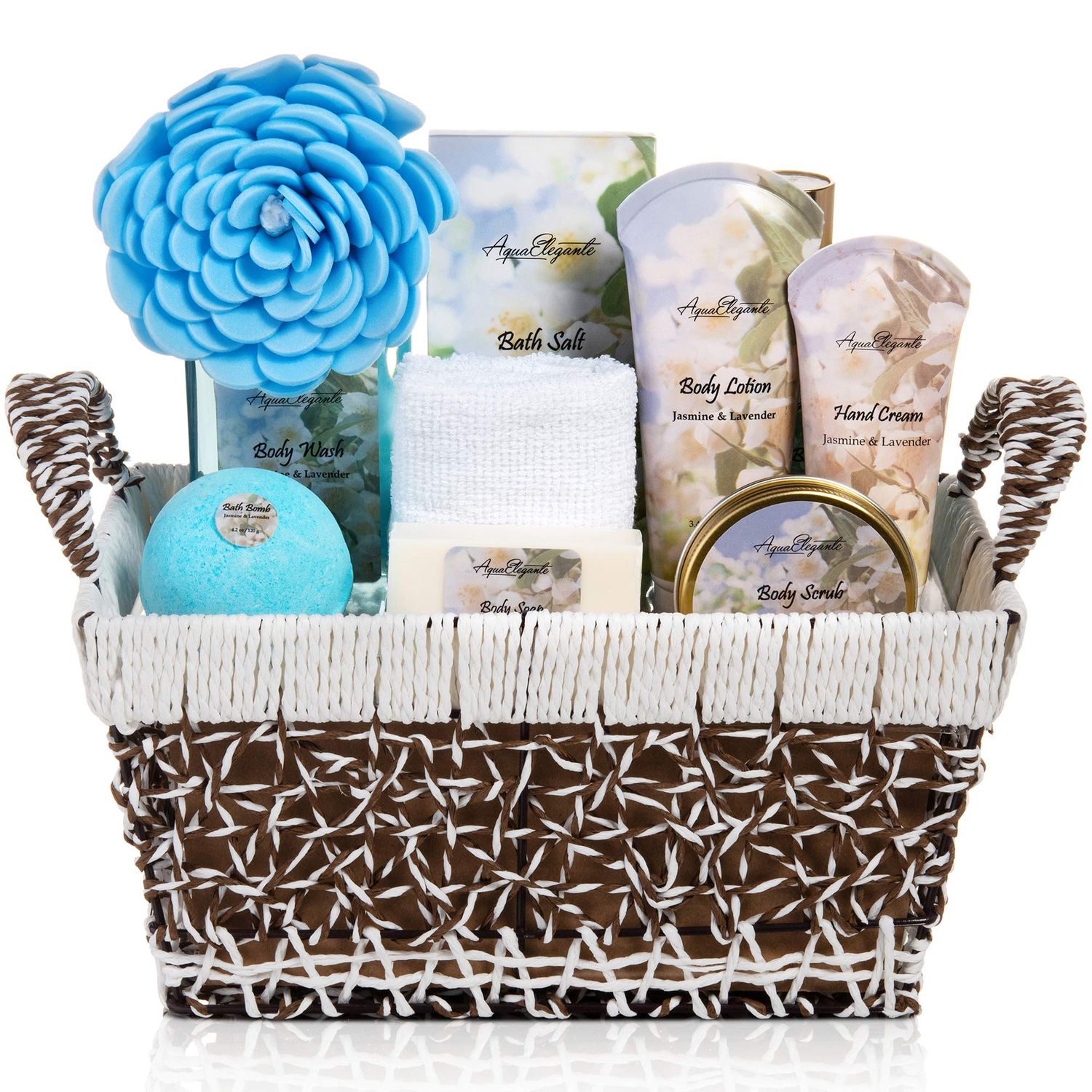 Spa Baskets For Women - Luxury Bath Set With Jasmine &amp; Lavender - Spa Kit Includes Wash, Bubble Bath, Lotion, Bath Salts, Body Scrub, Body Spray, Shower Puff, Bathbombs, Soap and Towel