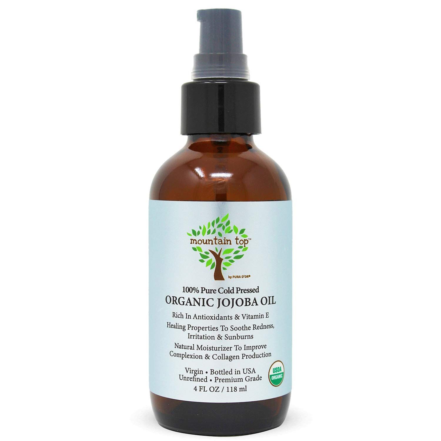MOUNTAIN TOP Jojoba Oil (4 oz / 118 mL) USDA Organic 100% Pure Cold Pressed Unrefined, Hexane-Free Base Carrier Oil - Premium Grade Natural Moisturizer for Skin, Hair, &amp; Face