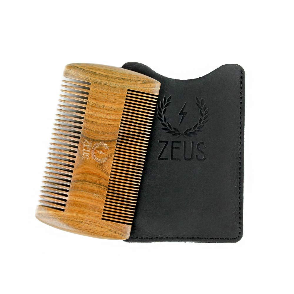 ZEUS Double-Sided Sandalwood Beard Comb, Wooden Beard &amp; Mustache Comb with Leather Sheath for Men, Travel Friendly Beard Comb (R31)